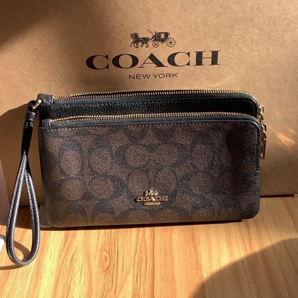 Coach Brown Signature Double Zip Wristlet with Black Trim